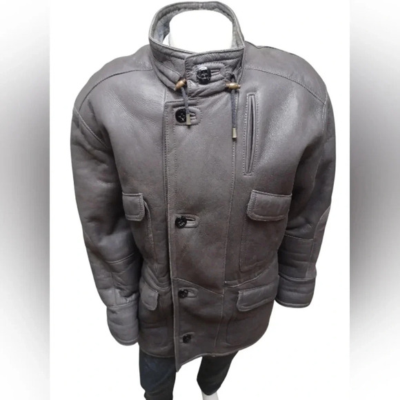 Zaklady Futrzarskie Vintage  Gray Leather Sherpa Lined Coat Size 52 - Picture 3 of 14